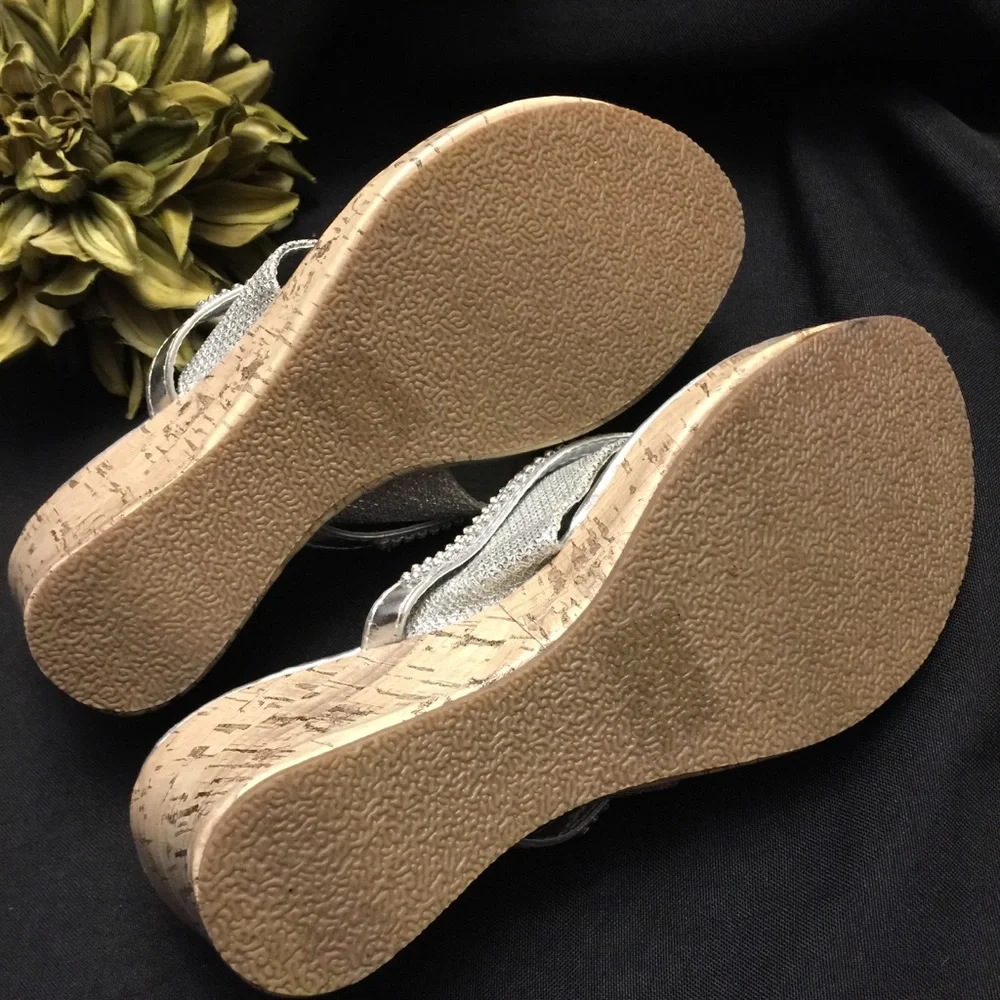 Blue, Blue‎ Suede Shoes-Silver Wedge Sandals-Size:3